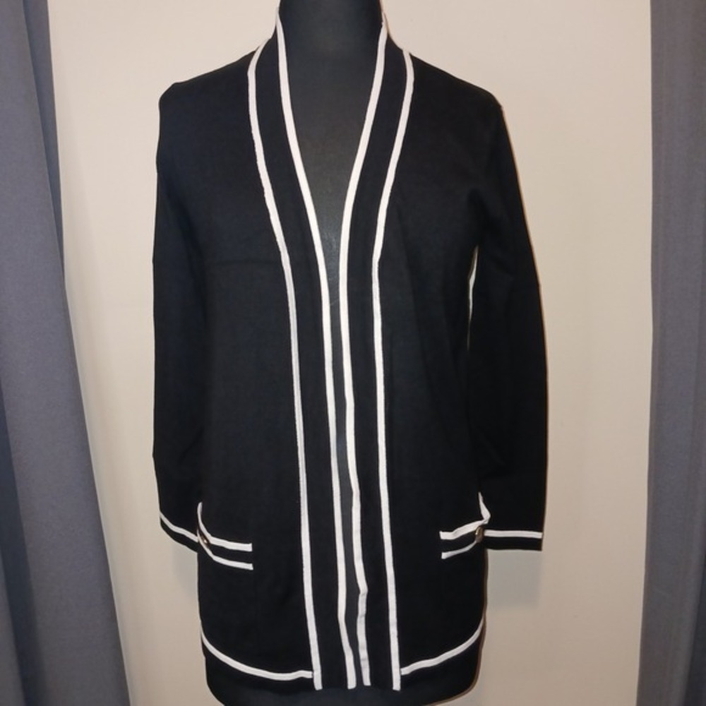 Anne Klein Black White Grandma Malibu‎ Piped Open Front Cardigan Sweater S